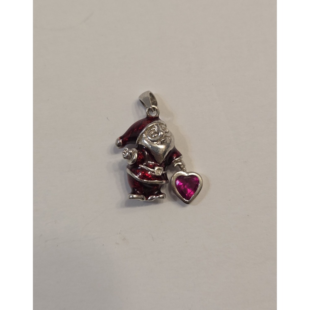 Vintage Sterling Silver Santa Claus Enamel Charm Pendant Ruby Heart OTC 925
